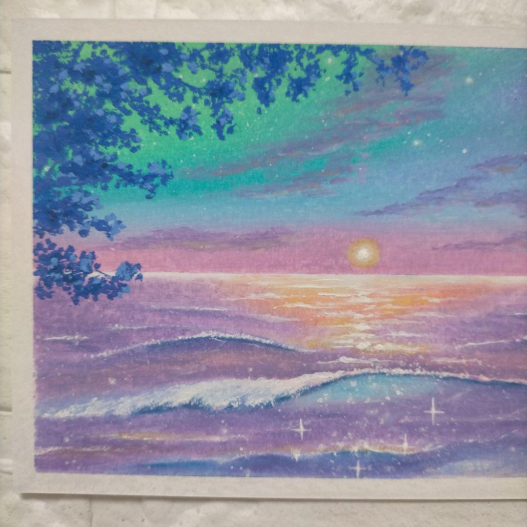 幻想的な海の風景画 星空 オイルパステル画原画 ハガキサイズ 絵画 #122