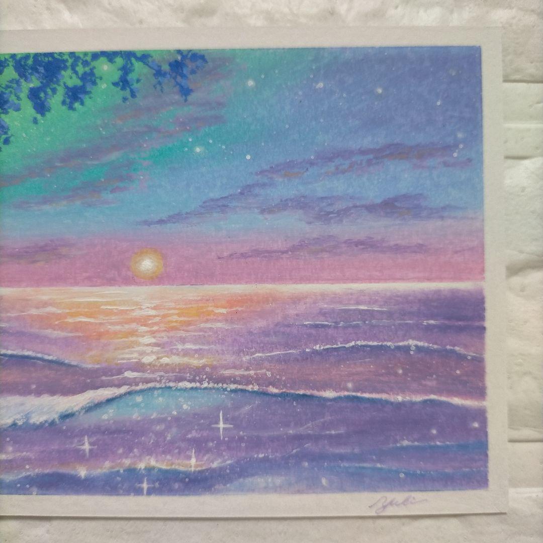 幻想的な海の風景画 星空 オイルパステル画原画 ハガキサイズ 絵画 #122