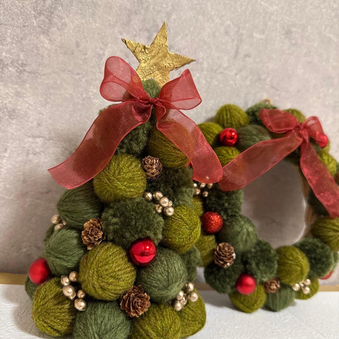 毛糸玉リース　クリスマスリース　クリスマスツリー　ハンドメイド