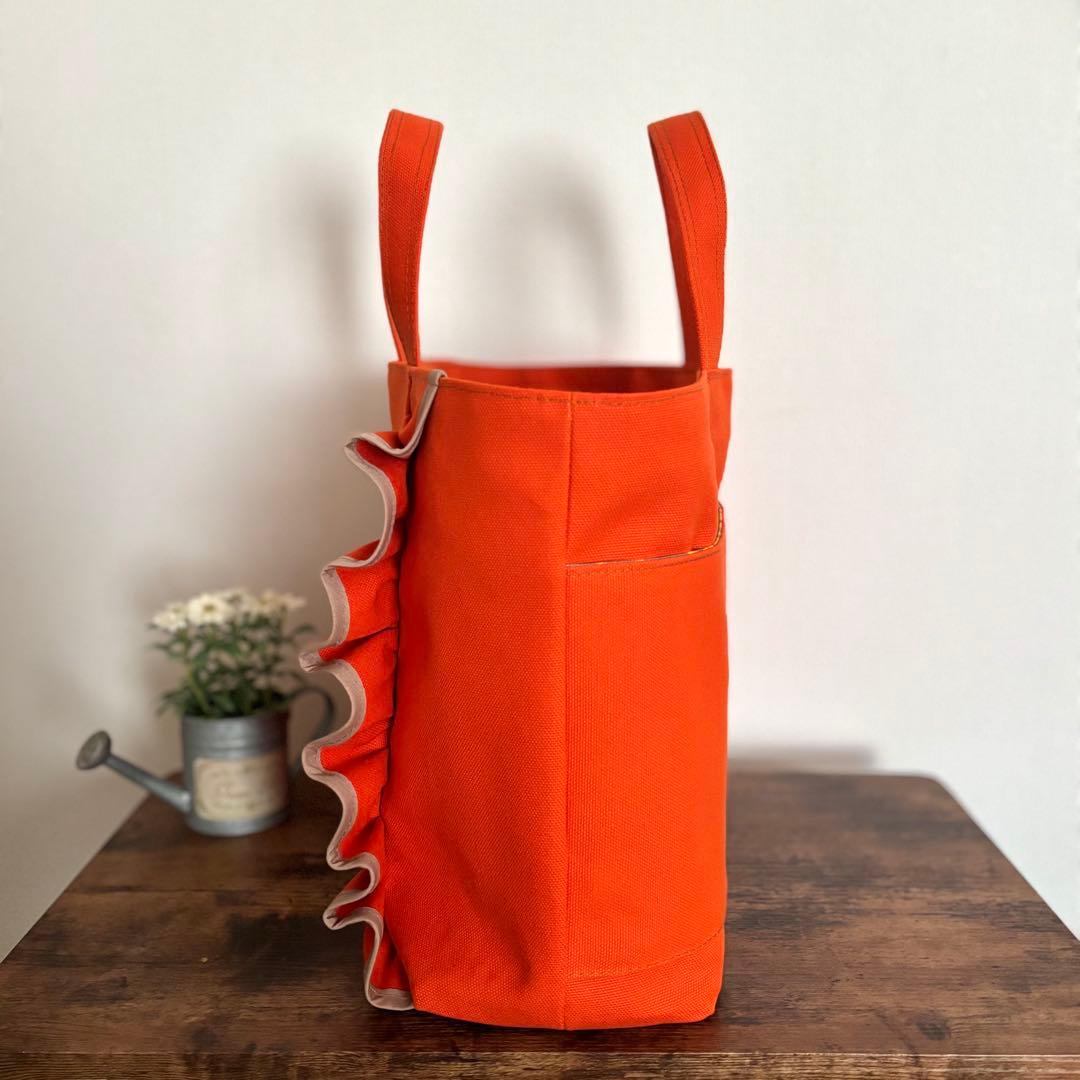 【Mahsa】フリルトートバッグL 倉敷8号帆布　キャロット×ミモザ柄